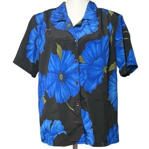 Vintage 90s Truffles Blue‎ Floral Camp Shirt Made USA Womens Large